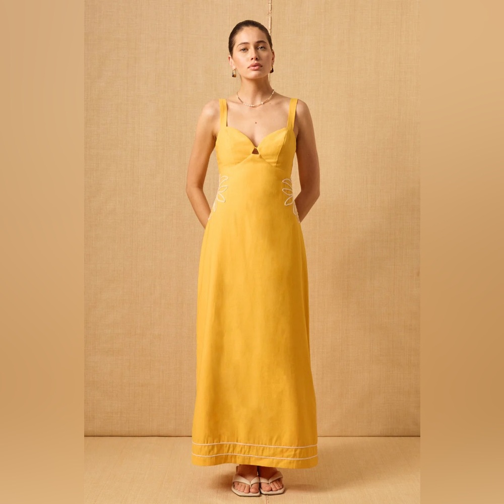Mon Renn scenic palm dress in mango